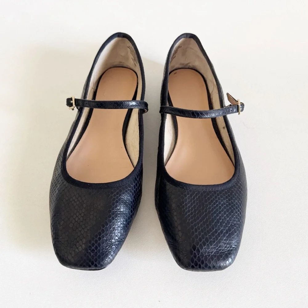 J. Crew Quinn Square Toe Mary Jane Flat Shoe 10 Black Snake Embossed Classic - Picture 4 of 10